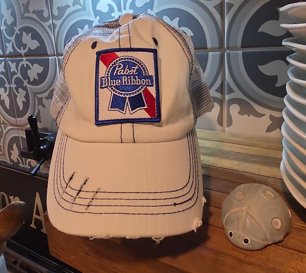 White Pabst Blue Ribbon Mesh Snap-Back Trucker Hat Angry Minnow Brand
